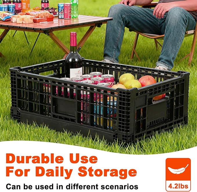 Collapsible Milk Crates for Storage, 52L Storage Crates, Heavy Duty Milk Crate, Plastic Storage Bins Containers for Organizing, Grocery & Camping, (1 pack) (23.64" W x 15.76" L x 8.67" H)