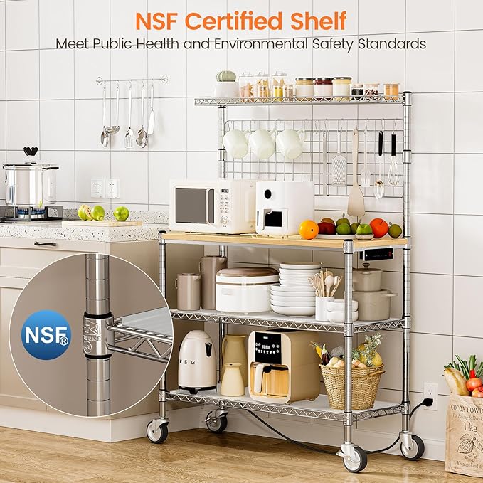 Leteuke Bakers Rack with Power Outlet & Storage, 36 Inch Microwave Stand Kitchen Cart, 4-Tier Metal Kitchen Shelves Cart with Wheels & 20 S-Hooks for Kitchen, NSF Certified, 63 x 18 x 36 Inch-Chrome