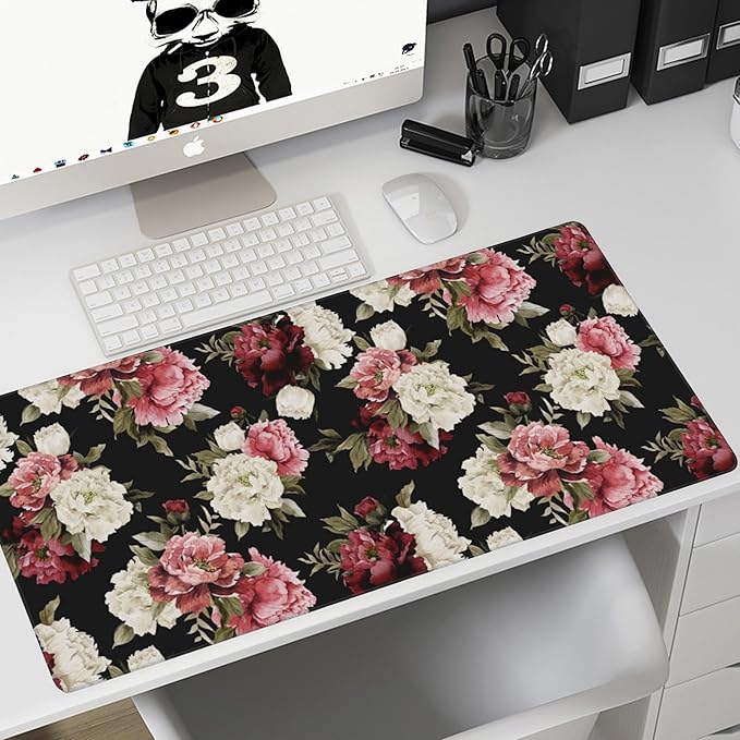Desk Mat,Watercolor Peonies Floral Gaming Mouse Pad,XXL Extended Mouse Pad Mat for Office,Computer,Keyboard with Non-Slip Base Stitched Eges Mousepad 35.4x15.75 inch