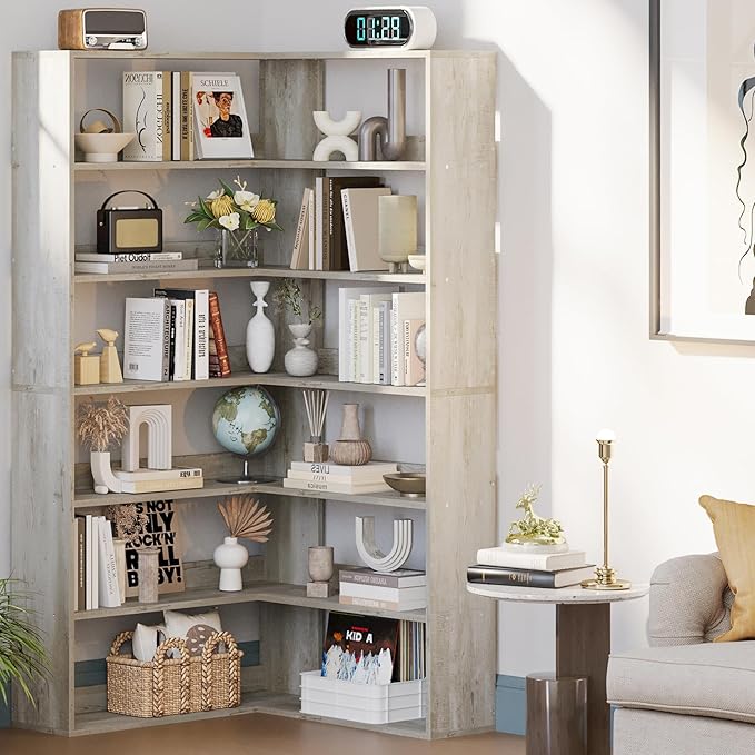 IRONCK Bookshelves 6 Tiers with Baffles Industrial Large Corner Etagere Bookcase Storage Display Rack for Living Room Home Office