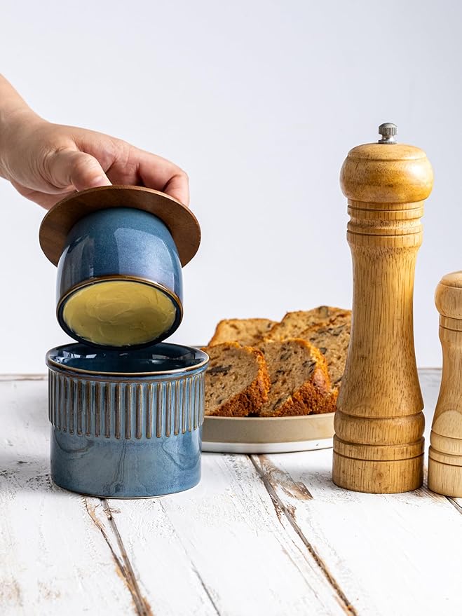 Ceramic Butter Dish with Lid, Butter Crock for Countertop, French Butter Keeper, Classic Stripe Pattern, Blue