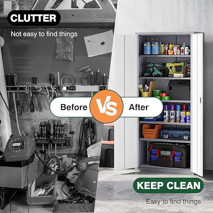 Letaya Metal Garage Storage Cabinets with Lock Door and Adjustable Shelves, Steel Tool Cabinets for Home,Office,Warehouse Organisieren (Gery White, 72" H)