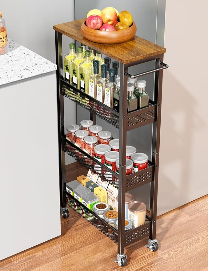 Utility Slim Storage Cart, 4 Tier Small Rolling Kitchen Laundry Room Cart with Wood Top, Metal Narrow Bathroom Storage Cabinet Mobile Shelf Unit Organizer Trolley with Handle for Narrow Space