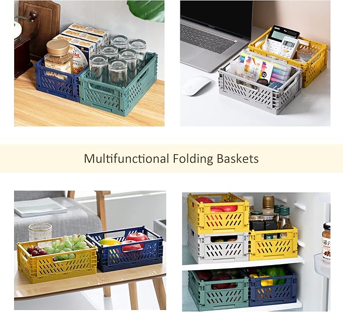 Domiella 2-Pack Crates for Storage, Storage Crates Plastic Stackable, Foldable Crate for Office Home Kitchen Bedroom Bathroom (Large, Golden Yellow)