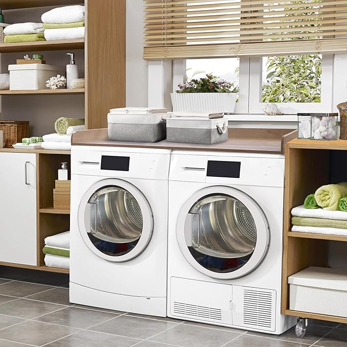 Washer Dryer Countertop with 2 Pack Storage Baskets, Wood Washer and Dryer Countertop with Non-Slip Pads/Edge Rails for Laundry Room Storage and Organization, 27.5" W x 54" L(Woodcolor)