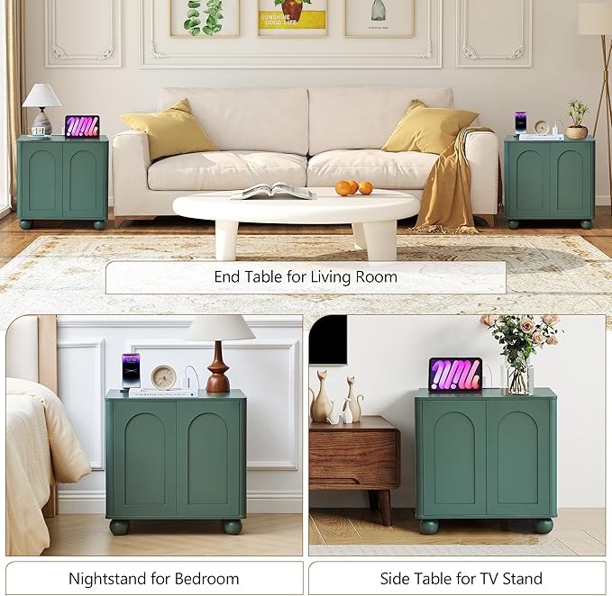 Bed Side Table with Charging Station, Mid Century Modern Nightstand with 2 Doors, Square End Table with Storage for Couch,Living Room,Small Spaces, Sofa Side Table for Office,Dorm - Green