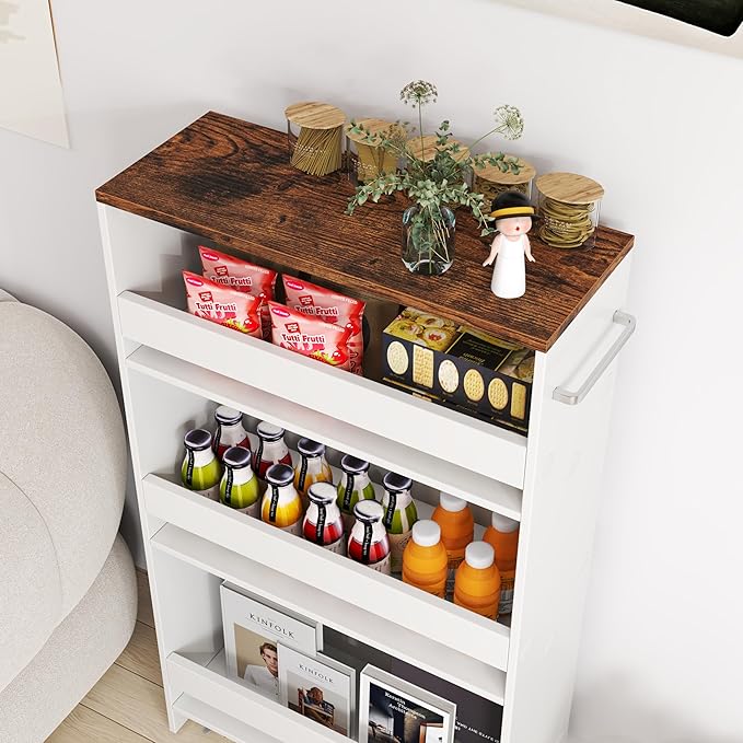 POWERSTONE 4-Tier Slim Storage Cart, Narrow Kitchen Rolling Cart w/Handle & Open Shelves, Skinny Slide Out Utility Organizer Trolley for Kitchen Bathroom Laundry Small Spaces White & Rustic Brown