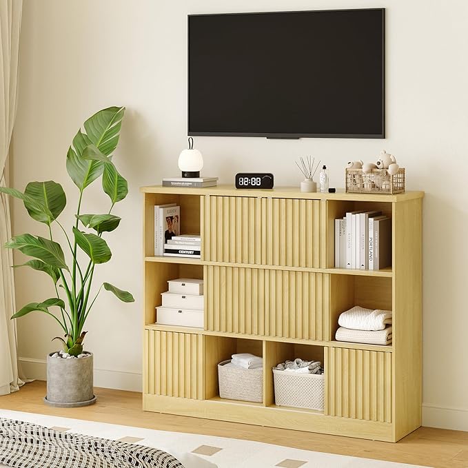 iPormis 12 Cube Bookcase with 6 Fluted Sliding Doors, 3 Tier Wooden Bookshelf, 47.2” Freestanding Cube Storage Organizer for Living Room, Office, Bedroom, Semi-Open Bookshelves, Natural