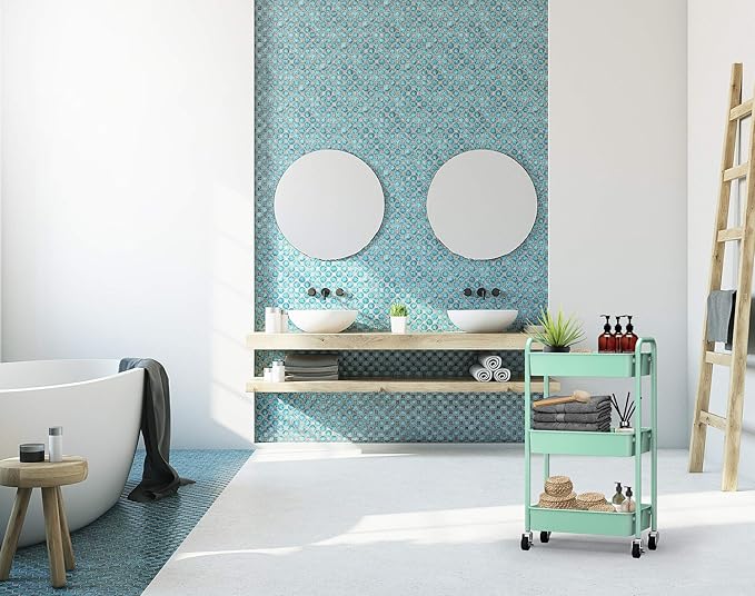 CAXXA 3-Tier Rolling Metal Storage Organizer - Mobile Utility Cart, Kitchen Cart with Caster Wheels (Aqua Green)