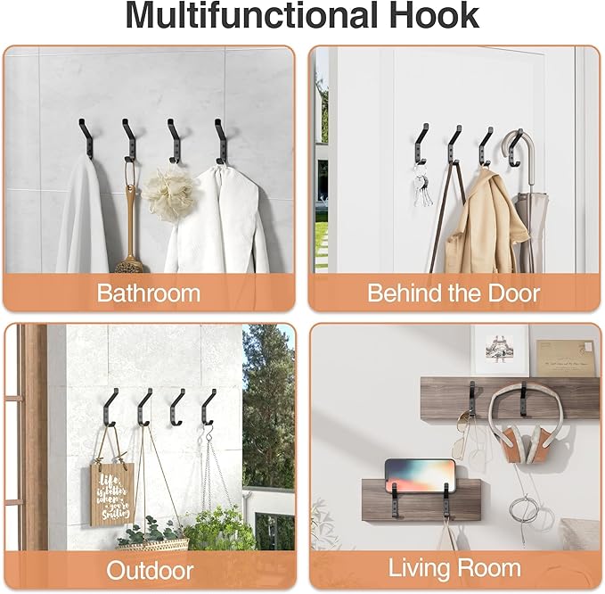 10-Pack Coat Hook for Hanging, 20LB (Max), Stainless Wall Hooks for Towel, Hat, Backpack, Key, Clothes, Wall Mounted Coat Hanger for Closet, Metal, Black, 3.75"