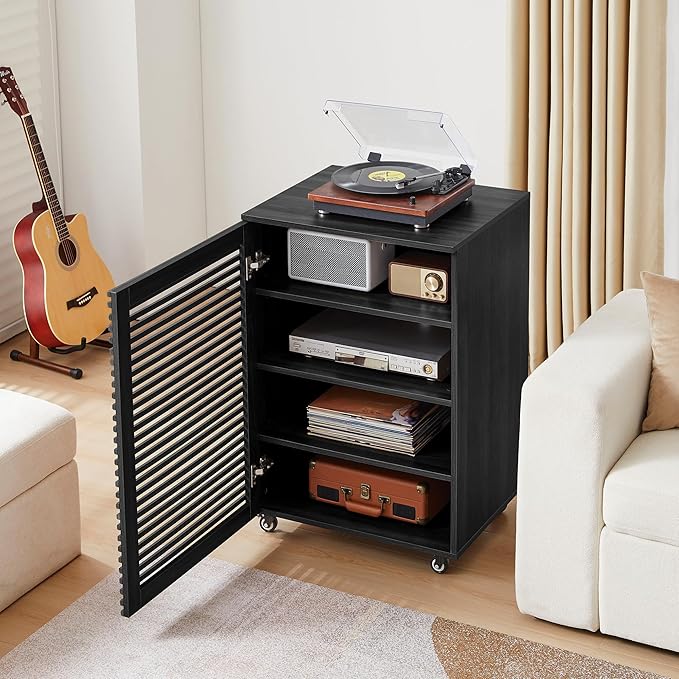 LEVNARY 5-Tier AV Media Cabinet with Grille Door, Modern Wooden Stereo Rack with Adjustable Shelves & Wheels, Audio Video Cabinet for Living Gaming Room Recording Studio (Black)