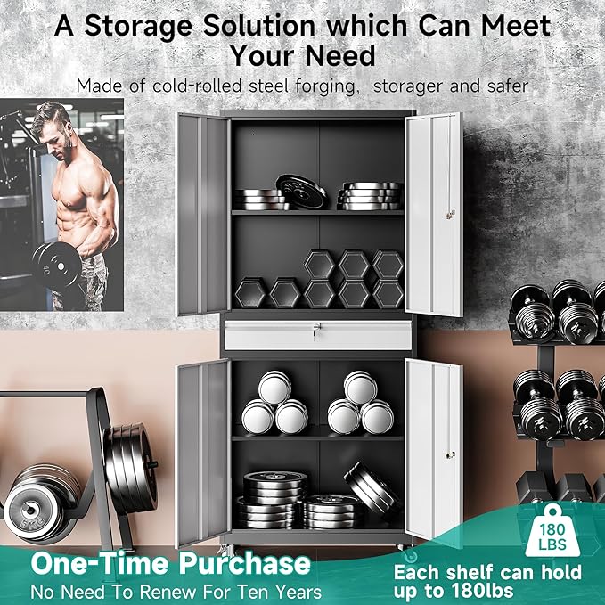 Metal Garage Storage Cabinet with Wheels and Drawer,Gray Rolling Garage Cabinet with Locking Doors and Adjustable Shelves,73" Tall Mobile Metal Storage Cabinets on Wheels for Home,Office,Garages,Tool