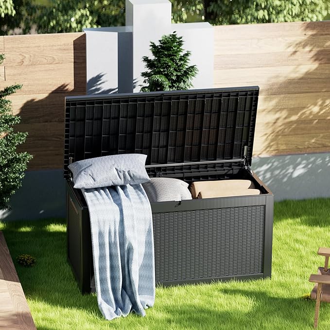 320 Gallon Deck Box, Resin Outdoor Indoor Waterproof Storage Box, Lockable Storage Box With Handle for Patio Furniture - Garden Tools - Swimming Pool Tools UV-Resistant - Black (320)