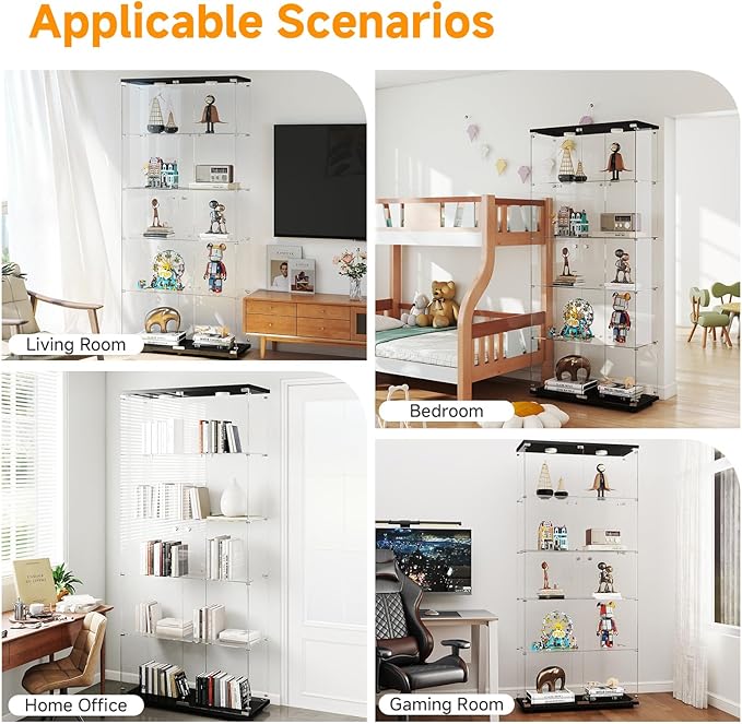 5-Tier Tempered Glass Display Cabinet with Lights, Curio Cabinet with Glass Doors and Lock, Glass Display Case for Collectibles, for Living Room Bedroom Office, Double Door, Black