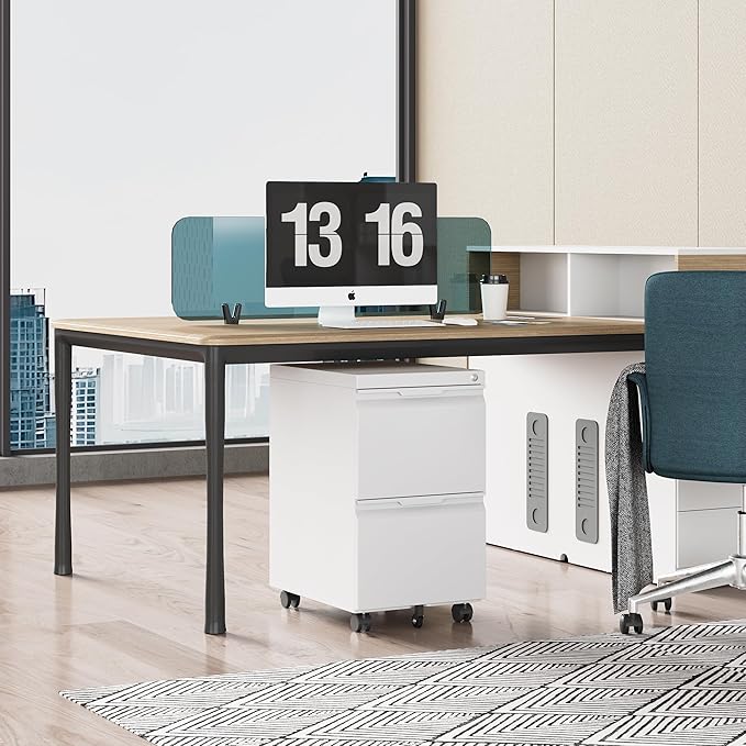 File Cabinet 2 Drawers on Wheels Under Desk,Locking Filing Cabinets for Home Office,Metal Vertical Files Drawers,Small Rolling Cabinet Printer Stand for Legal/Letter/A4( Assembly Required-White)