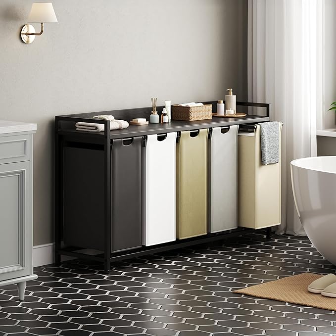 Laundry Hamper with Shelf, Laundry Basket 5 Section, Laundry Sorter with Pull-Out Removable Large 5 Color Bags and Movable Wheels, Metal Frame, 5 x 15.87 Gallons (60L), Black PF08XLK