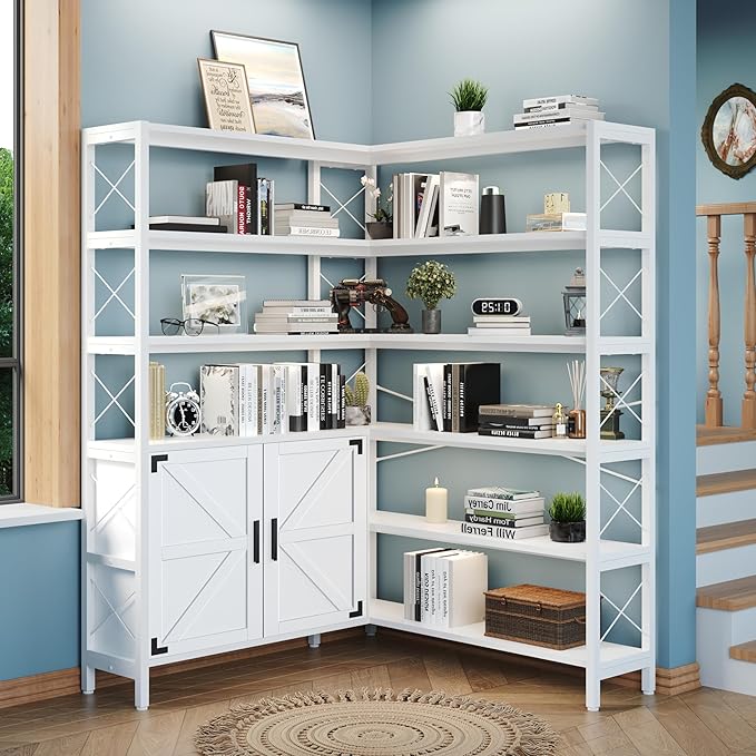 6-Shelf Corner Bookshelf, Vintage Industrial Corner Shelf Etagere Bookcase, Large Book Shelf with Metal Frame Open Storage Corner Cabinet (White-Lockers, Large)