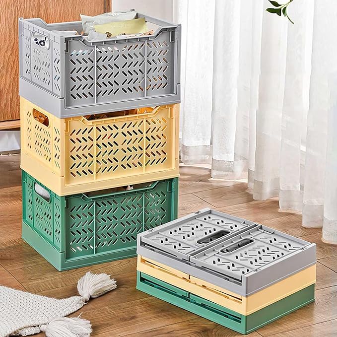 Domiella 2-Pack Crates for Storage, Storage Crates Plastic Stackable, Foldable Crate for Office Home Kitchen Bedroom Bathroom (Tall, Yellow)