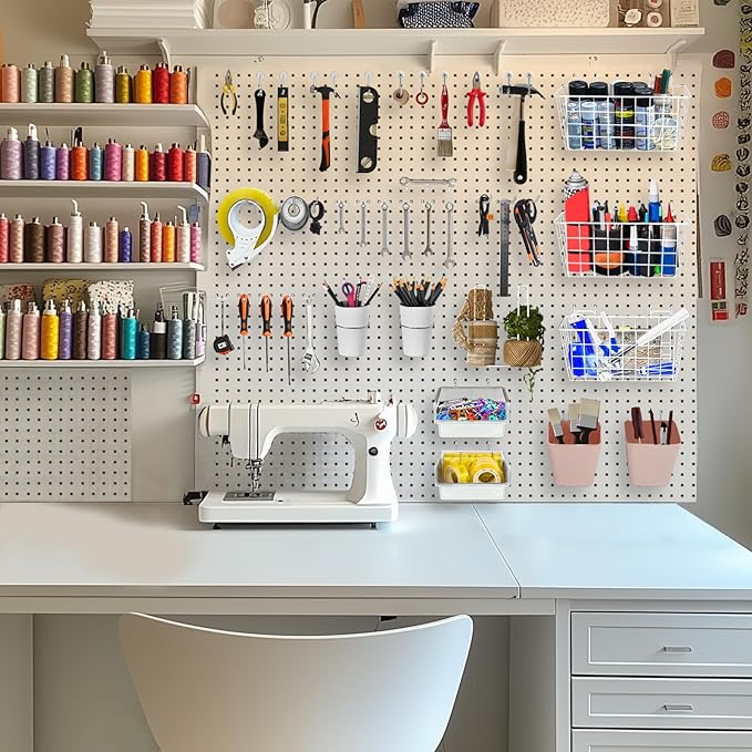 Pegboard Basket Organizers, Peg Board Large Baskets Hooks Bins Cups Tool Organizer 42 Pack Set, Wall Storage Display Hanging Accessories for Craft Office Stadio Shed Garage Organization (White & Pink)