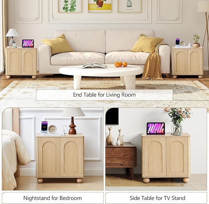 Bed Side Table Set of 2 with Charging Station, Mid Century Modern Nightstand with 2 Doors, Square End Table with Storage for Couch,Living Room, Sofa Side Table for Office,Dorm - Natural