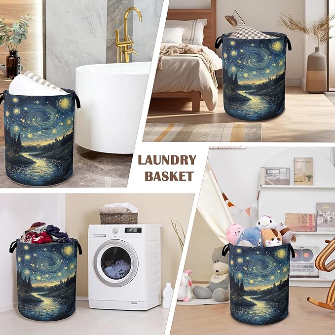 Night Sky Laundry Hamper,Collapsible Laundry Baskets,Stream Fireflies Dirty Clothes Baskets with Handles,Oxford Cloth Hamper for Bedroom,Bathroom,College Dorms, 16"x20"