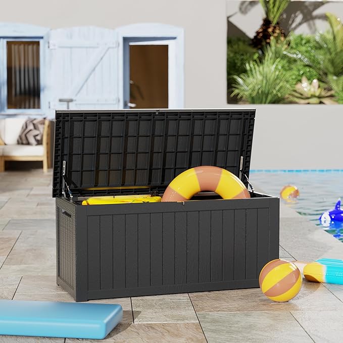 200 Gallon Deck Box, Resin Outdoor Indoor Waterproof Storage Box, Lockable Storage Box With Handle for Patio Furniture - Garden Tools - Swimming Pool Tools UV Resistant, Black - 200