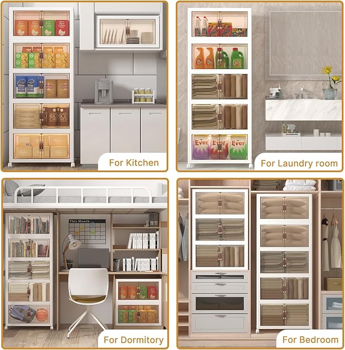 Extra Large Stackable Storage Bins with Lids & Wheels, Foldable Collapsible Closet Organizers Storage Cabinet with Doors for Bedroom Dorm (White, 672QT-168QT/42GAL*4Pack)