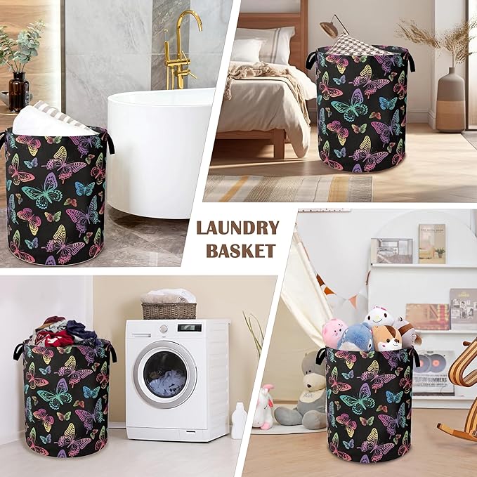 Rainbow Butterfly Collapsible Laundry Baskets,Laundry Hamper,Storage Basket with Handles for Bathroom Bedroom College Dormitory Living Room Nursery Organizer 16"x20"