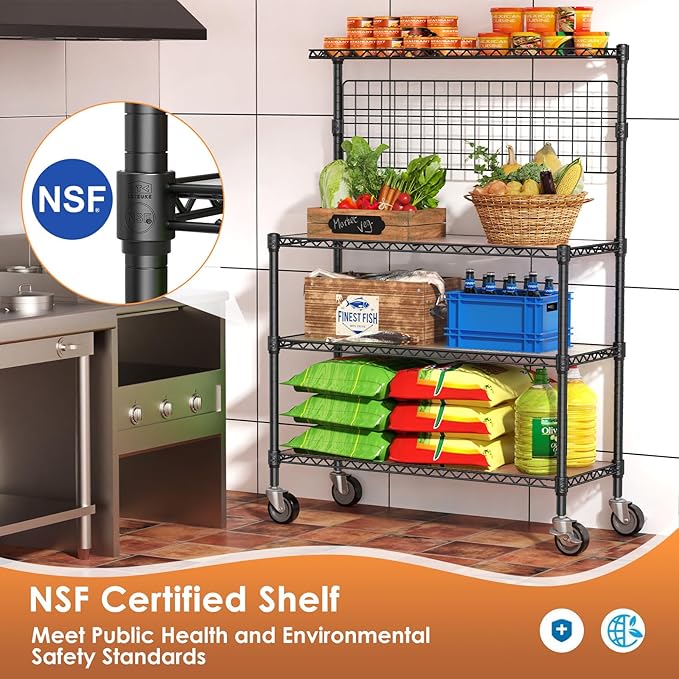 Leteuke Bakers Rack with Storage & Wheels, 42 Inch Microwave Stand Kitchen Shelves, 4-Tier Heavy Duty Storage Rack with 20 S-Hooks, Commercial Metal Utility Kitchen Cart, 42× 18× 63 Inch, Black