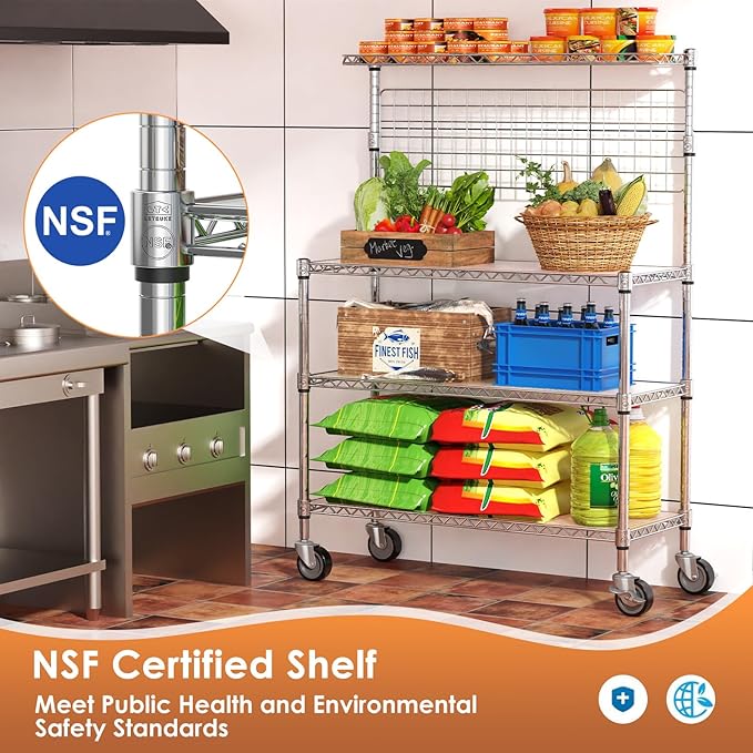 Leteuke Bakers Rack with Storage & Wheels, 42 Inch Microwave Stand Kitchen Shelves, 4-Tier Heavy Duty Storage Rack with 20 S-Hooks, Commercial Metal Utility Kitchen Cart, 42× 18× 63 Inch, Chrome