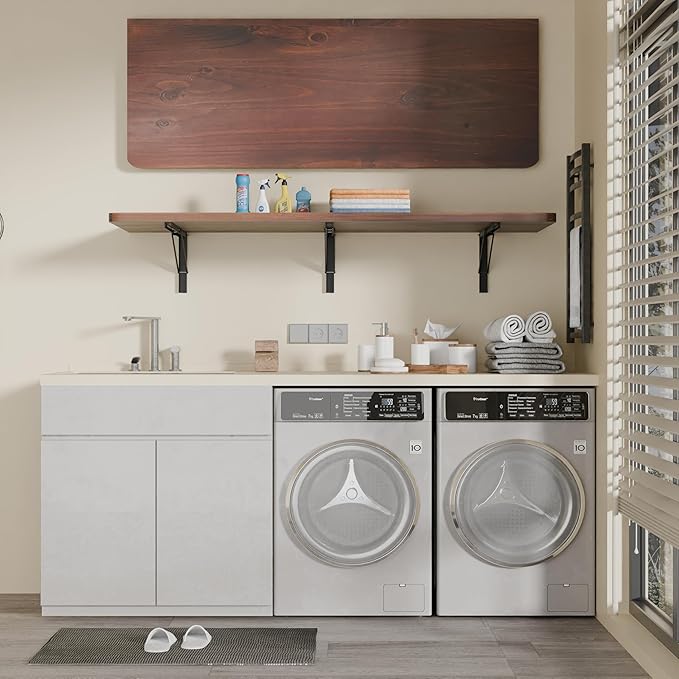 IAE Floating Wall Mounted Folding Table Desk with Pine Wood,60" x 22" Foldable Workbench,Fold Down Wall Mounted Foldable Desk with Shelf Brackets,Laundry Folding Table for Home,Dining,Kitchen,Brown