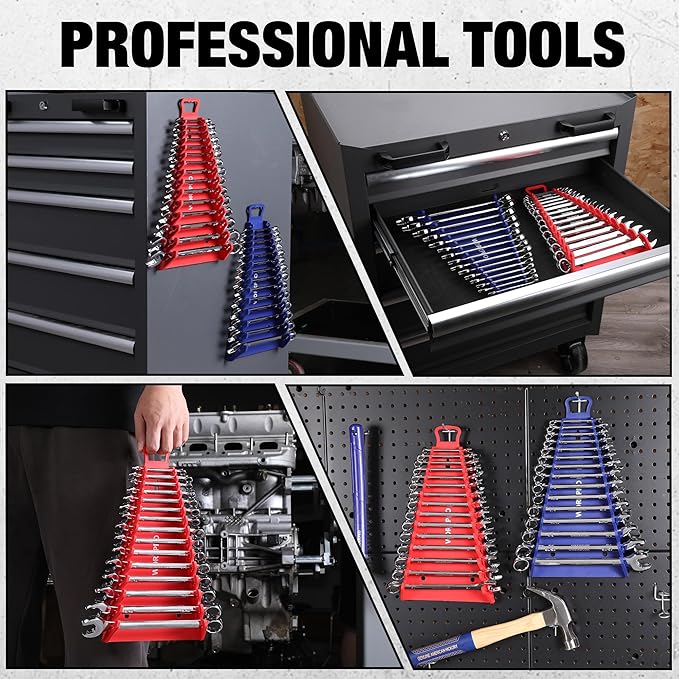 WORKPRO Magnetic Wrench Organizer, 15-Slot Gripper Reverse Wrench Holder for Tool Box, 2-Pack Wrench Rack Fits SAE (1/4” to 1-1/16") and Metric (6mm to 27mm), Flexible Grips, Blue and Red