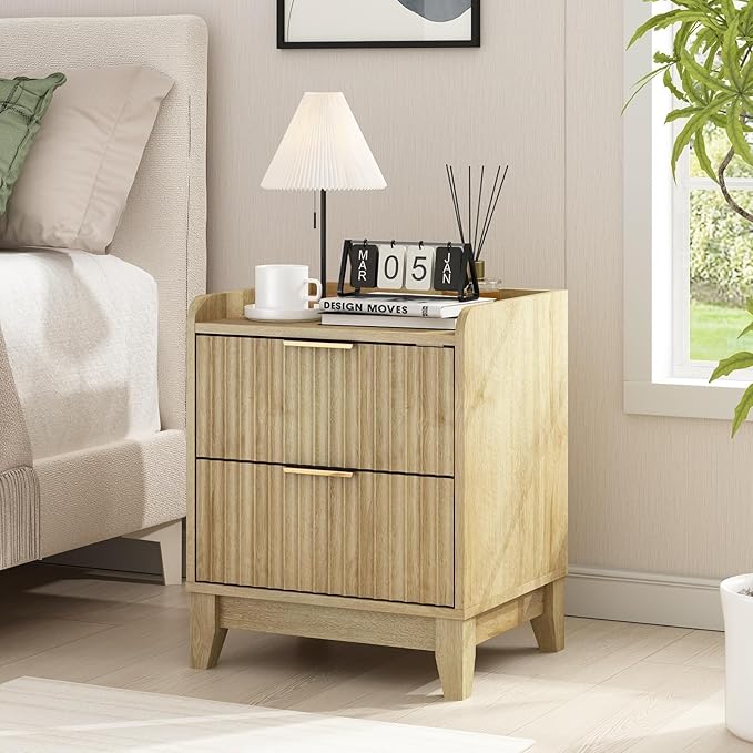Wnutrees Fluted Nightstand with Charging Station, Modern Bedside Table with 2 Drawers, Farmhouse Wooden End Side Table for Living Room, 2Pack, Natural