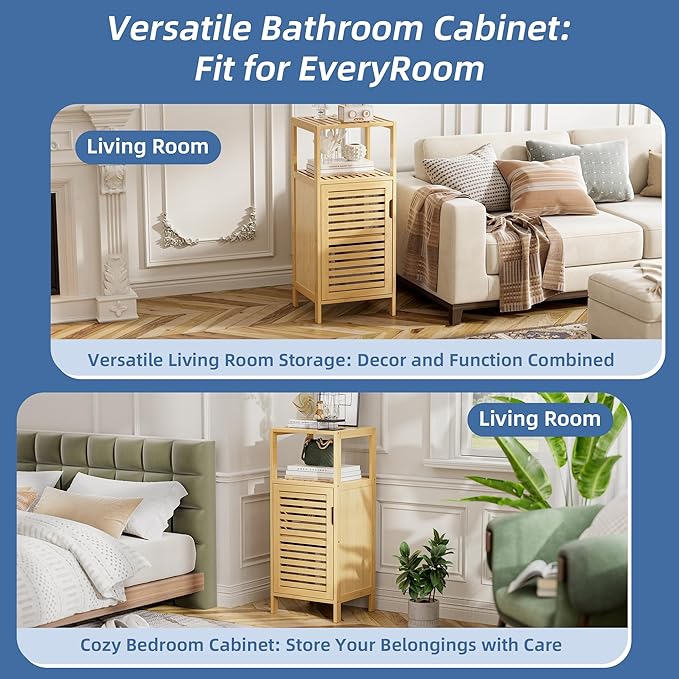 HITNET Bathroom Cabinet Freestanding, Small Bamboo Floor Cabinet, 4 Tier Single Door Sofa Side Table Storage Organizer, Space Saving Kitchen Cupboard, Natural