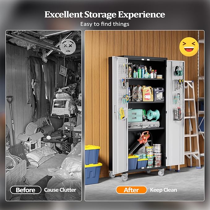 VINGLI 72'' Tall Garage Storage Cabinet, Metal Storage Cabinet with Wheels, Locking Doors and Adjustable Shelves (Black & Silver, 32''W x 16''D x 72''H)