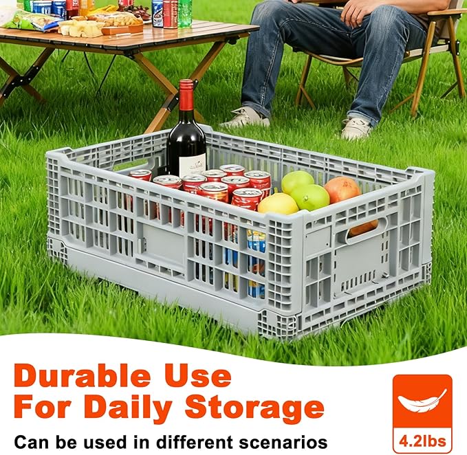 Collapsible Milk Crates for Storage, 52L Storage Crates, Heavy Duty Milk Crate, Plastic Storage Bins Containers for Organizing, Grocery & Camping (1 pack) (23.64" W x 15.76" L x 8.67" H)