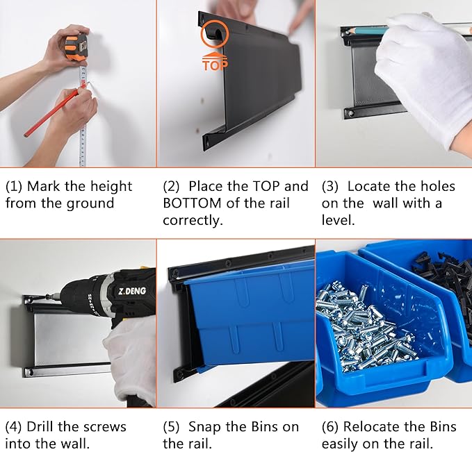 Wallmaster Wall Mounted Storage Bins, Wall Storage Bins Parts Rack 10 Bins&3 Rails Wall Mount Tool Organizer Hardware Storage Organizer (Blue)