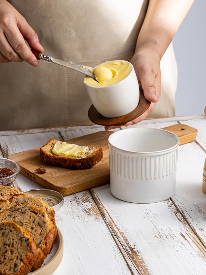 Ceramic Butter Dish With Lid, Butter Crock for Countertop, French Butter Keeper Holder for Spreadable Butter, Classic Stripe, Cream White