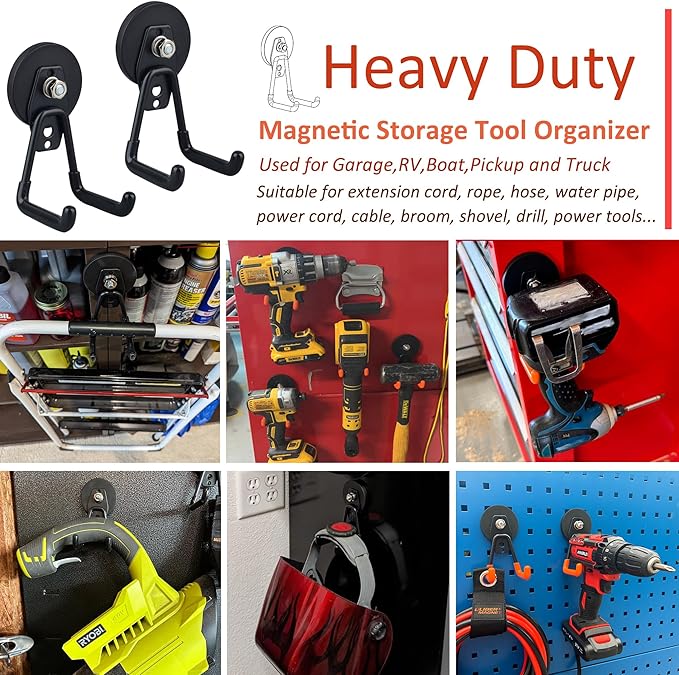 ULIBERMAGNET Heavy Duty Magnetic Garage Hooks,3 Pack Strong Large Magnet Hooks for Power Drill,Garden Tools,Hose,Pegboard,Garage, Workshop,Magnetic Storage Hook for Indoor Outdoor Hanging(Black)