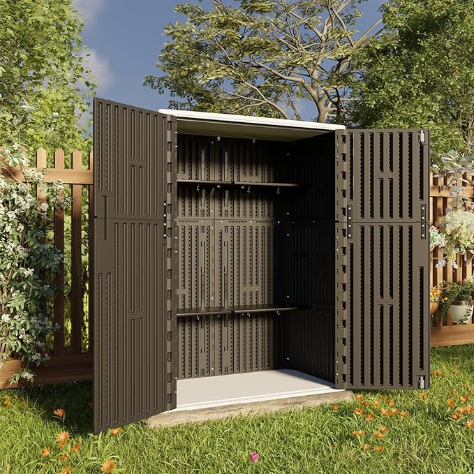 HOMSPARK Outdoor Storage Shed Weather Resistance, Patio Storage Cabinet Lockable Resin Tool Shed for Storage of Bike, Trash Cans, Garden Tools (Black, 66 Cu.ft)
