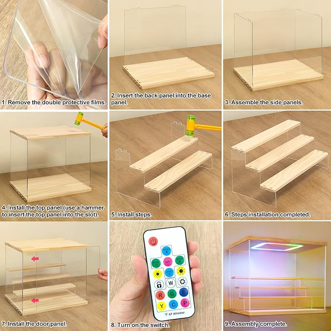 NONEMEY Clear Acrylic Display Case with Light ,3/4/5/6 Tier Multiple Color Lights via Remote Control Dustproof Display Box for Collectibles Figures Mini Toys (4Tier 12.4*9.6*10.4inch)