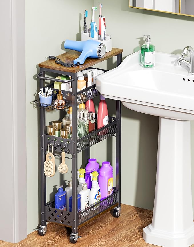 Rolling Slim Storage Cart, 4-Tier Narrow Bathroom Organizers and Storage Cart, Metal Narrow Kitchen Laundry Room Organization Shelf with Wood Top, Slim Utility Cart with Wheels for Small Space