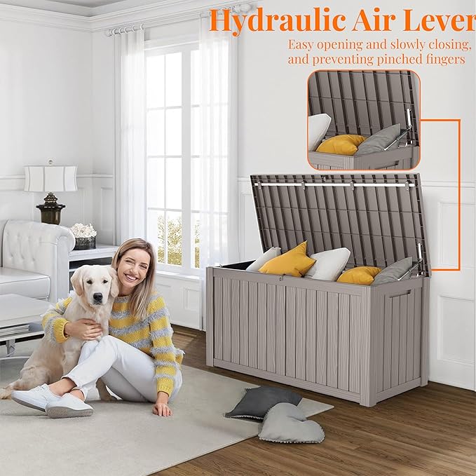 180 Gallon Outdoor Deck Box,Storage Lockable Waterproof Patio Furniture,Garden Tools,Cushions,Pool Accessories Outside Storage Resin Box(Grey)