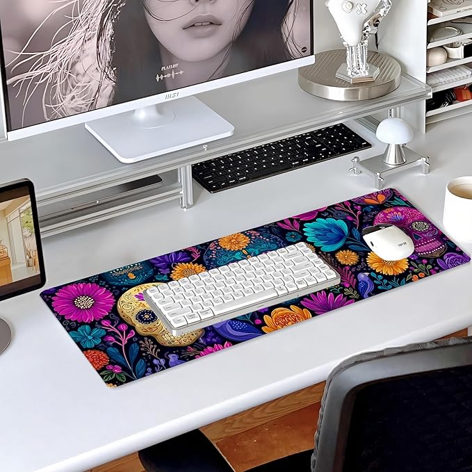 31.5”x11.8”Large Gaming Mouse Pad for Desk, Mouse Mat with Seamed Edges, Waterproof Desk Pad, Non-Slip Rubber Base, Keyboard Pad Computer Mat, Big XL Mousepad-Skull Flower