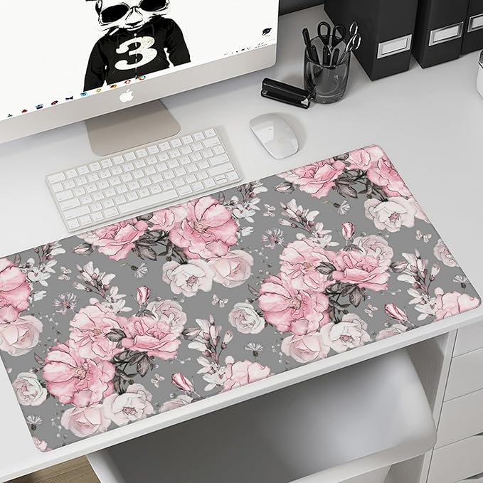 Desk Mat,Flower Rose Gaming Mouse Pad,XXL Extended Mouse Pad Mat for Office,Computer,Keyboard with Non-Slip Base Stitched Eges Mousepad 35.4x15.75 inch