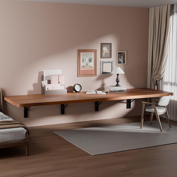 IAE Floating Wall Mounted Folding Table Desk with Pine Wood,72" x 22" Foldable Workbench,Fold Down Wall Mounted Foldable Desk with Shelf Brackets,Laundry Folding Table for Home,Dining,Kitchen,Teak