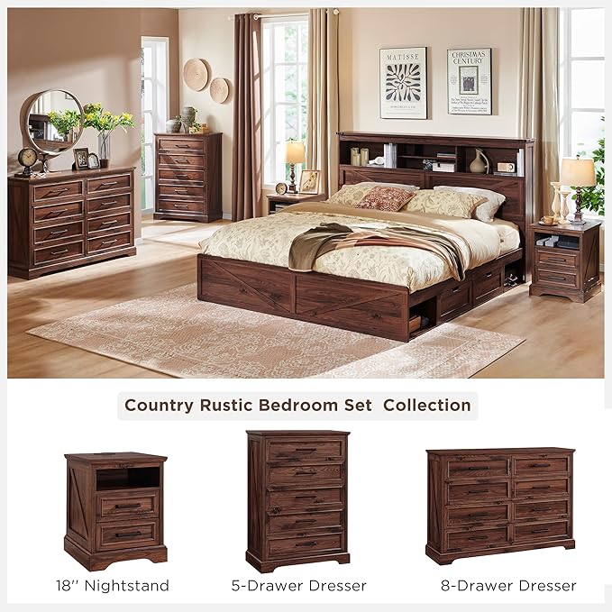 ACCOHOHO 18" Farmhouse Nightstand Set of 2 with Charging Station,End Table with 2 Drawers Storage,Side Table,Bedside Cabinet for Bedroom,Living Room, Brown