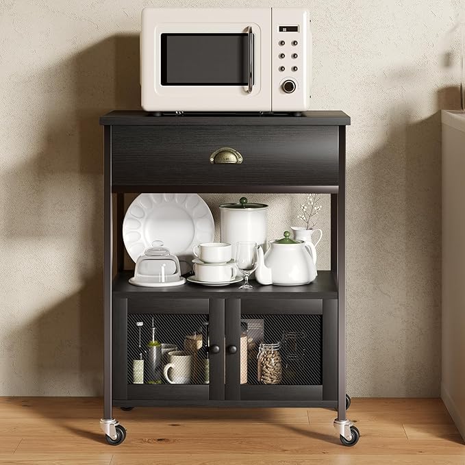 Catrimown Coffee Cart Station with Storage Drawer, Small Microwave Stand with Storage Cabinet, Coffee Stand Station, Rolling Island Cart for Living Room, Dining Room, Kitchen, Black