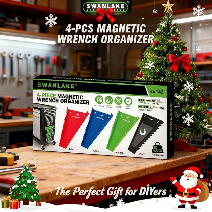 Magnetic Wrench Organizer 4-piece, Wrench Rack Tool Trays SAE (1/4" to 1-1/16"), Metric (6mm to 24mm), 64-Slot Drawer Storage Tools, Wrench Set Holder