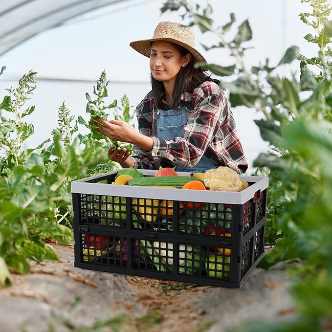 Ggbin 4 Pack Stackable Storage Crates Large, 42 L Plastic Collapsible Crates for Groceries